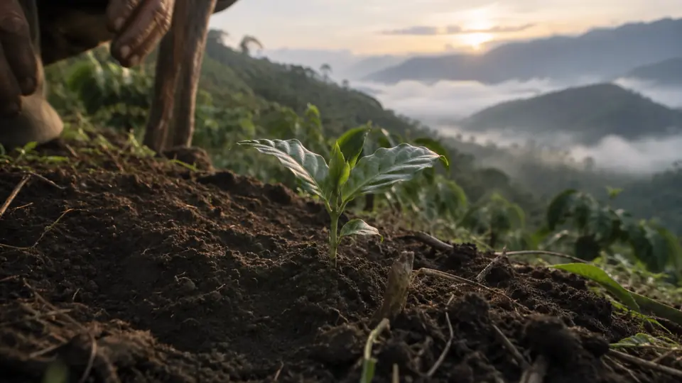 Manos plantando un brote de café en la ladera, con montañas y neblina al fondo