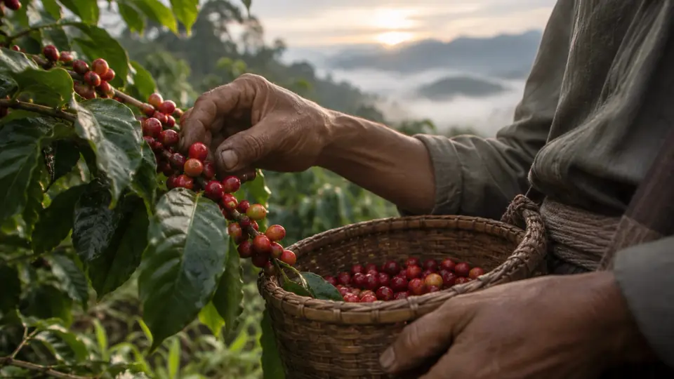 Mano recogiendo cerezas rojas de café en una canasta tejida