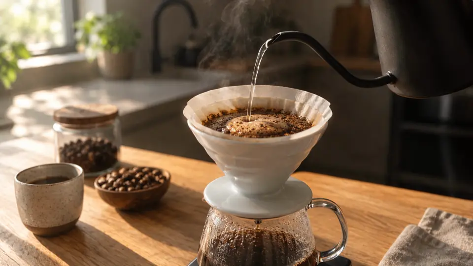 Agua caliente cayendo sobre un filtro de café en una mesa de madera