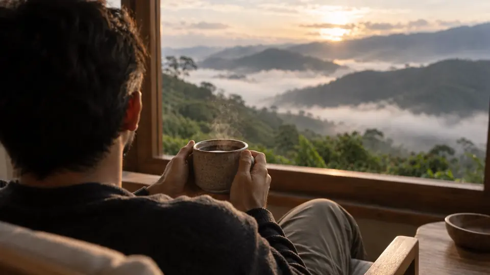 Persona con una taza de café mirando el valle con neblina desde una ventana