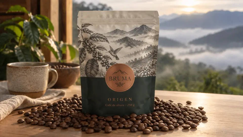 Bolsa de café Bruma Origen sobre una mesa con granos, frente a las montañas